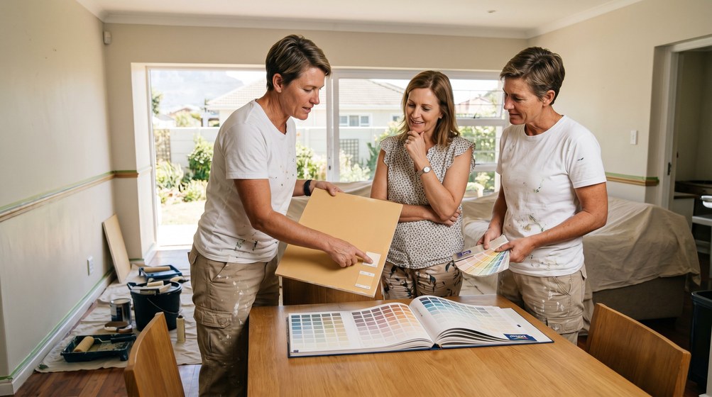 Professional colour consultant showing paint swatches to a homeowner in Edgemead